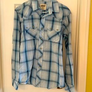 Blue plaid button down shirt